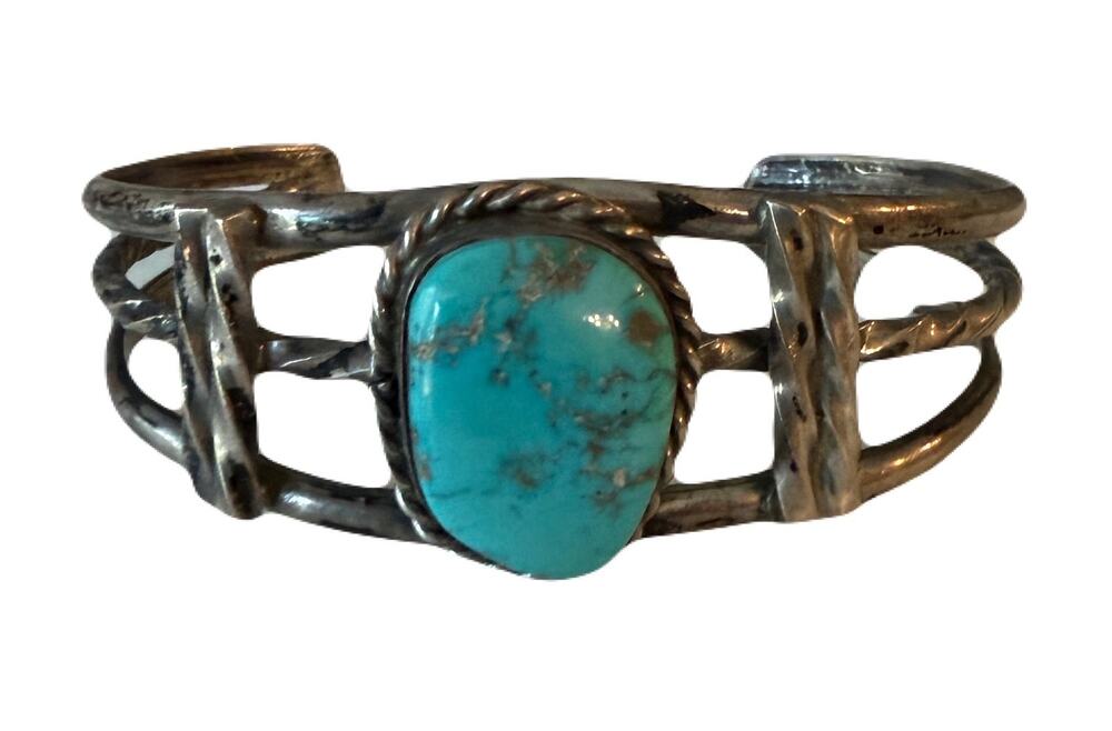 Native American Silver Cuff Bracelet w/Single Cabochon Turquoise Stone